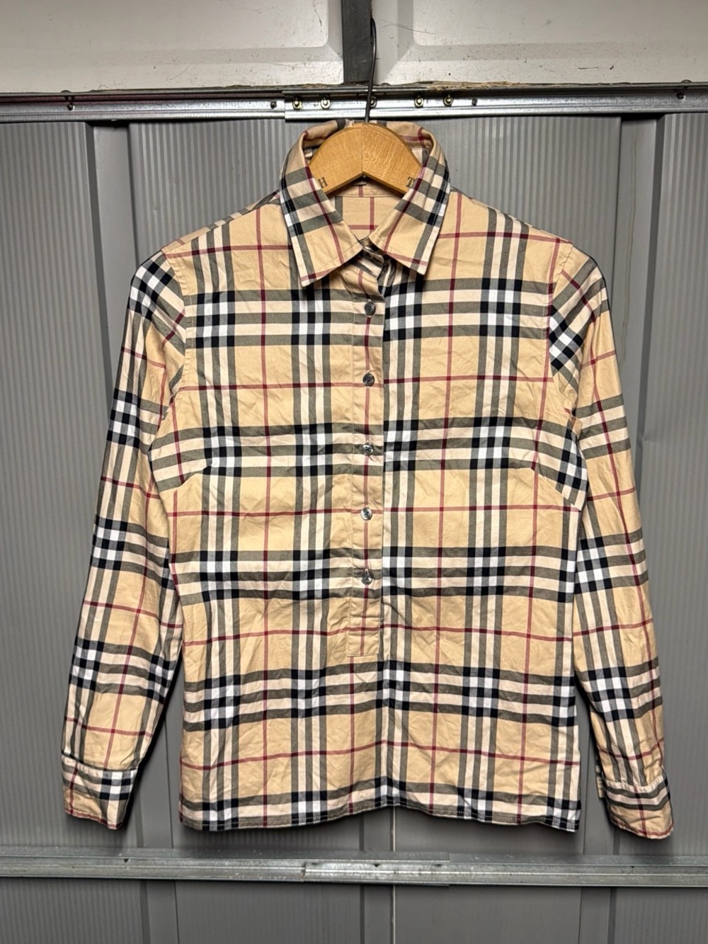 Burberry London Nova Check Button Down Shirt Beige Plaid Long Sleeve Women Small